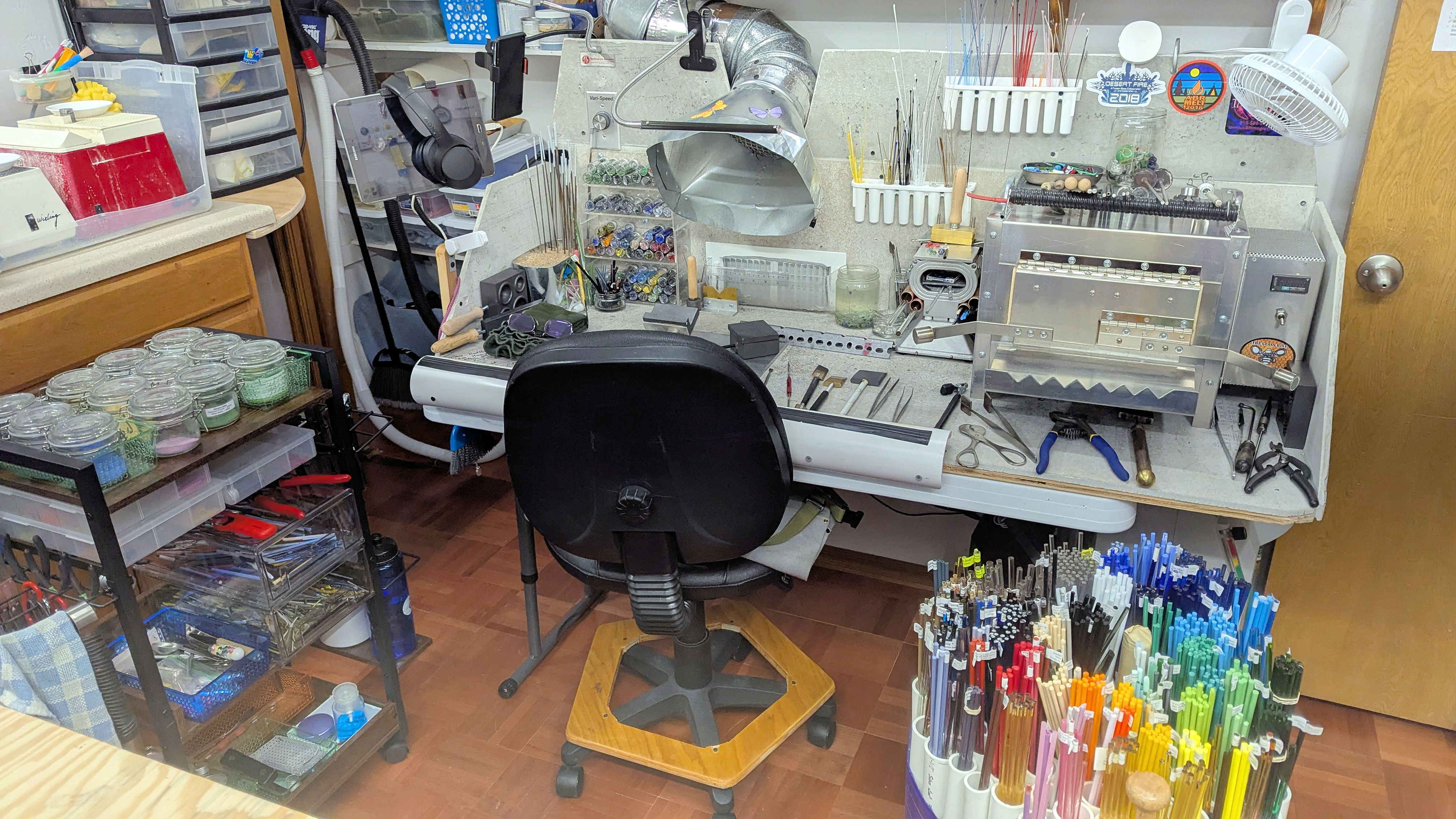 Torch Work Bench with Bethlehem Alpha burner, GlassHive kiln, tool cart and glass rod cart